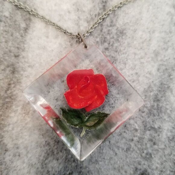 Vintage Lucite Rose Pendant Necklace, Red and Green, Clear Base, Estate - Picture 1 of 5